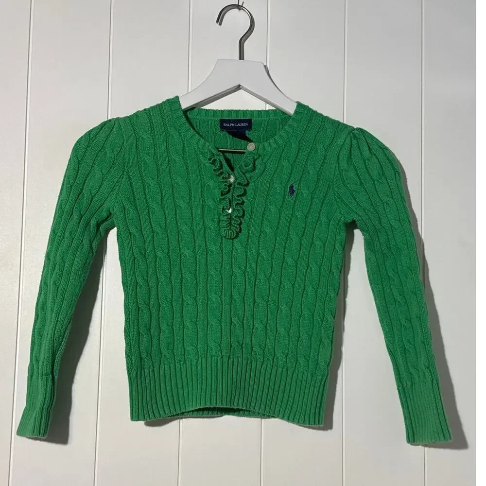 Ralph Lauren Girls 6X Cable Knit Lace Up Sweater Green Cotton Long Sleeve